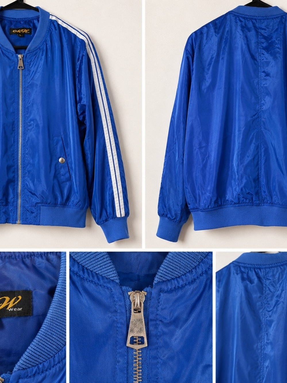 Mega MQV Wear Blue Bomber Jacket Full Zip White Stripe Size L